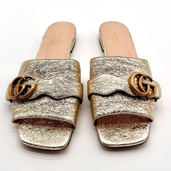 Gucci Marmont Double G Slide Sandals Gold Metallic Leather GG Flat EU 36 US 6 - Picture 2 of 12
